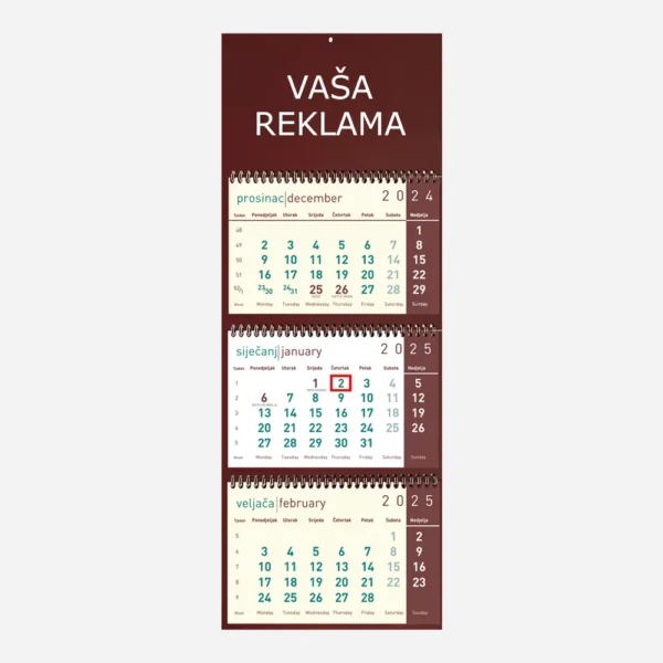 Trodjelni kalendar 3 spirale 2025 – bordo